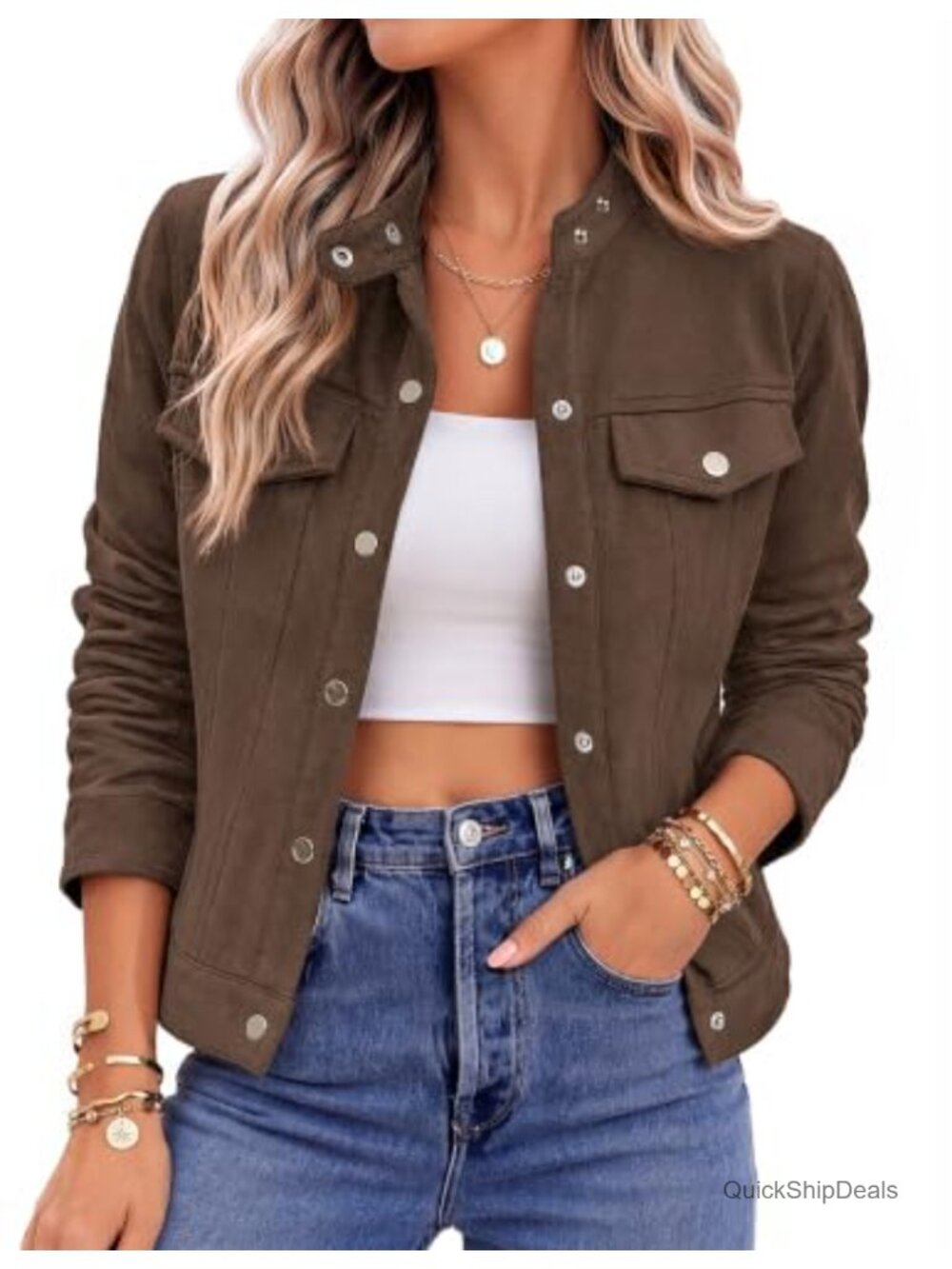 Faux Suede Cropped Jacket Snap Button Lapel Collar Casual